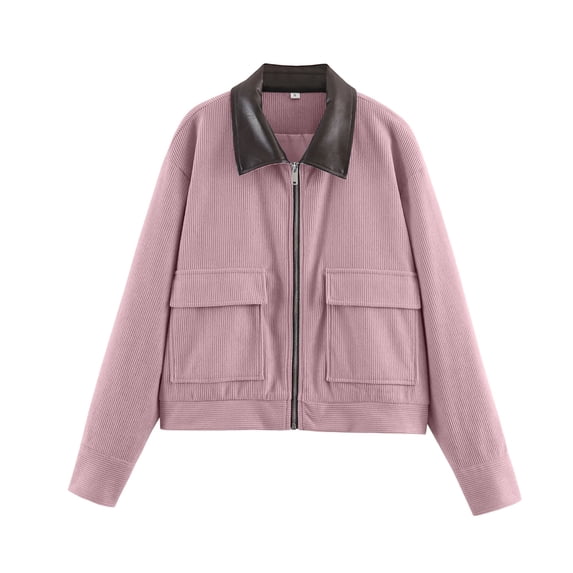 Perfectbot Women's Corduroy Cropped Bomber Jacket Faux Leather Collar Zip-Up Casual Fall Outerwear