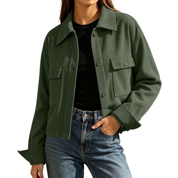Perfectbot Women's Corduroy Cropped Jacket Button Down Long Sleeve Vintage Casual Shacket with Pockets