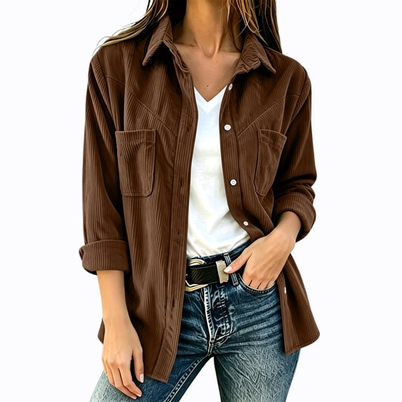 Perfectbot Women's Corduroy Shirt Jacket with Pockets, Long Sleeve Button Down Loose Fit Casual Shacket for Fall