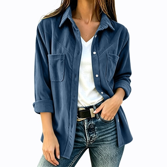Perfectbot Women's Corduroy Shirt Jacket with Pockets, Long Sleeve Button Down Loose Fit Casual Shacket for Fall