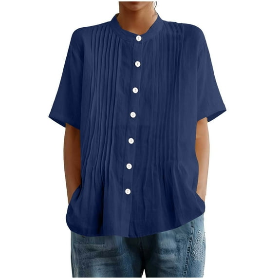 Perfectbot Women's Cotton Button Down Shirts Half Sleeve Pleated Loose Lightweight Comfy Summer Casual Blouses