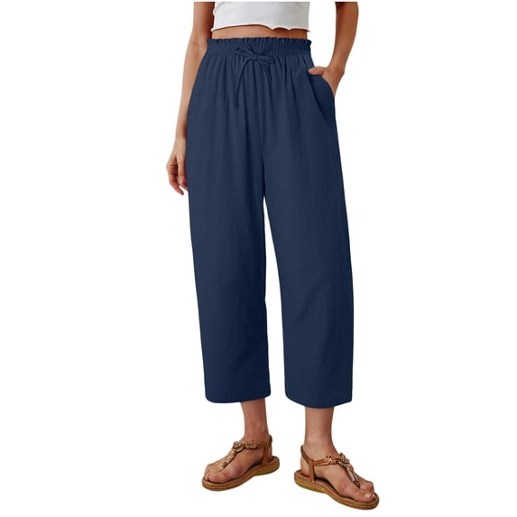 Perfectbot Women's Cotton Linen Blend Cropped Pants - Drawstring High Waisted Relaxed Fit Straight Leg
