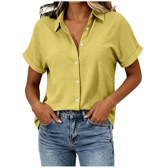 Perfectbot Women's Cotton Linen Blend Shirt Collared Short Sleeve Pleated Back Casual Blouse
