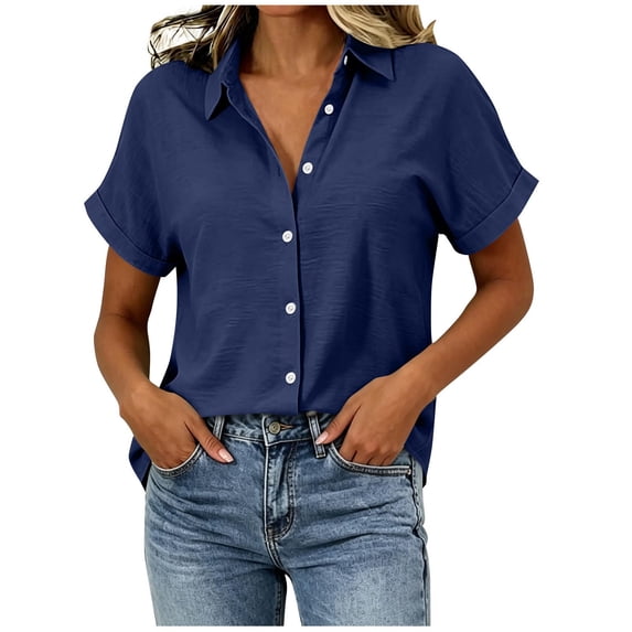 Perfectbot Women's Cotton Linen Blend Shirt Collared Short Sleeve Pleated Back Casual Blouse