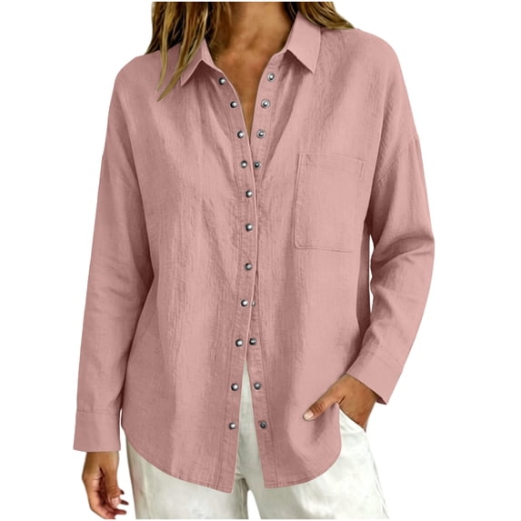Perfectbot Women's Cotton Linen Button Down Shirts, Casual Long Sleeve Blouse with Chest Pocket & Back Pleat