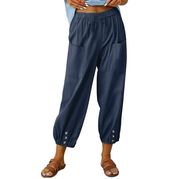 Perfectbot Women's Cotton Linen Capri Pants Wide Leg Elastic Palazzo Cropped Trousers for Spring Summer