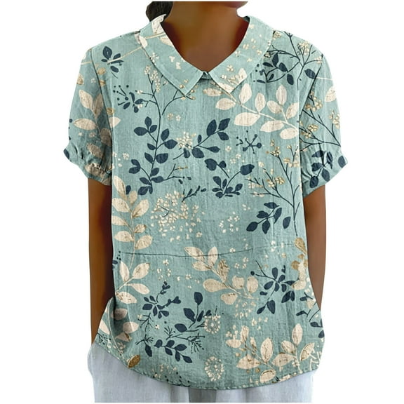 Perfectbot Women's Cotton Linen Floral Print Shirt Loose Short Sleeve Collared Top Spring Summer Casual Blouse