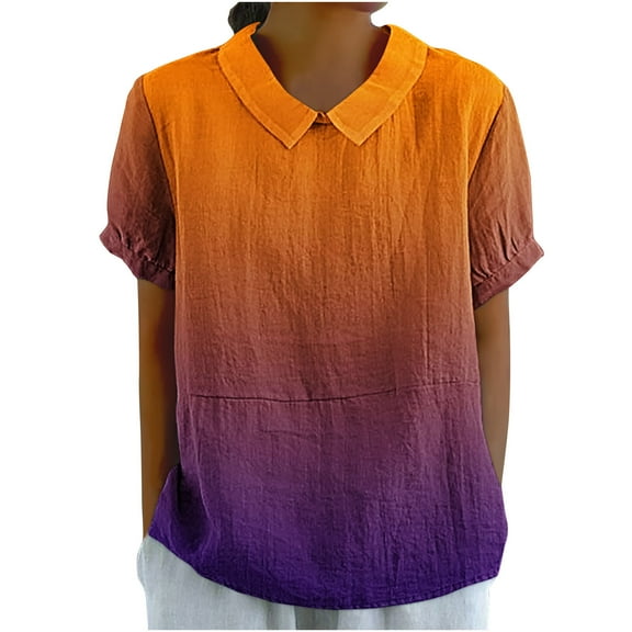 Perfectbot Women's Cotton Linen Gradient Shirt Loose Short Sleeve Collared Top Spring Summer Casual Blouse