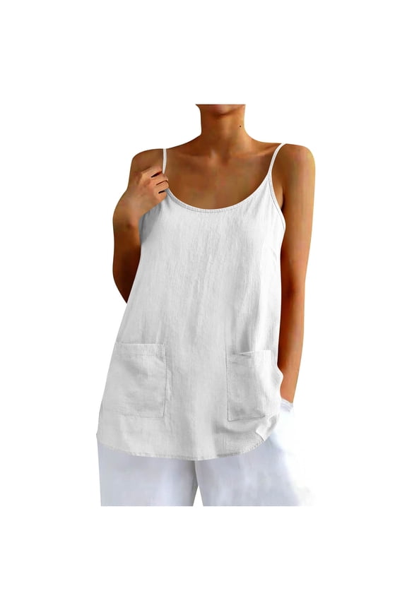 Women's Cotton Linen Tank Tops, Scoop Neck Spaghetti Strap Camisole, Casual Loose Summer Cami with Pockets