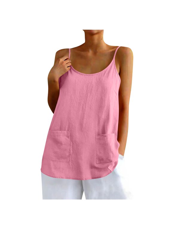 Women's Cotton Linen Tank Tops, Scoop Neck Spaghetti Strap Camisole, Casual Loose Summer Cami with Pockets