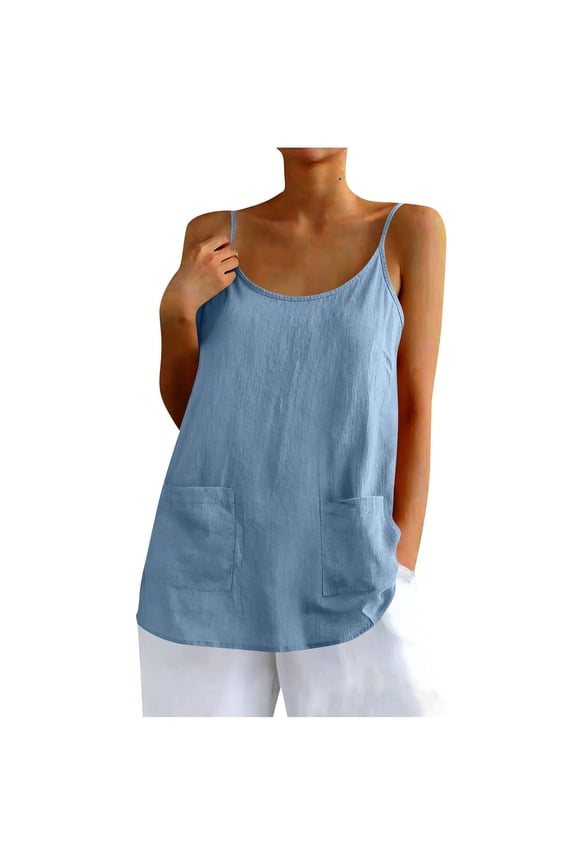 Women's Cotton Linen Tank Tops, Scoop Neck Spaghetti Strap Camisole, Casual Loose Summer Cami with Pockets