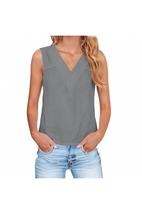 Women's Cotton Linen Tank Tops, Sleeveless Pleated V Neck Blouses, Dressy Casual Summer Tops