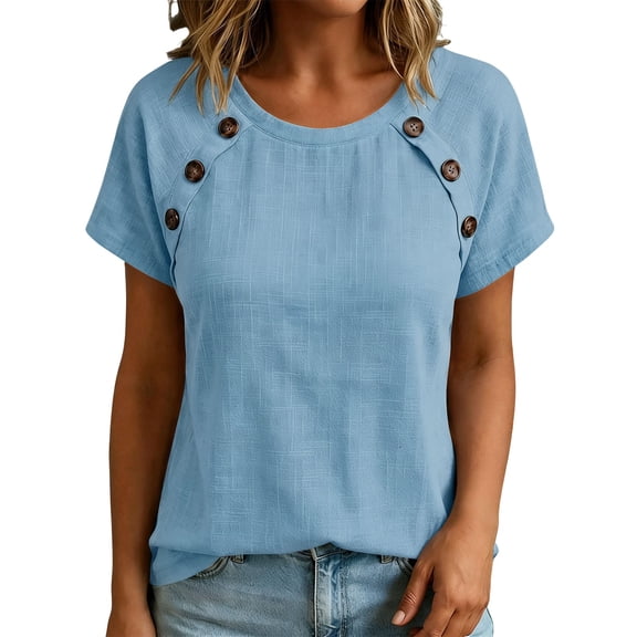 Perfectbot Women's Crew Neck Linen Blend Top with Decorative Side Buttons, Casual Short Sleeve Summer Blouse