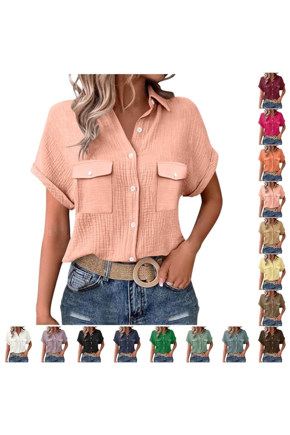 Women's Crinkled Gauze Button Down Shirt, Short Sleeve V-Neck Blouse with Chest Pockets for Casual Daily