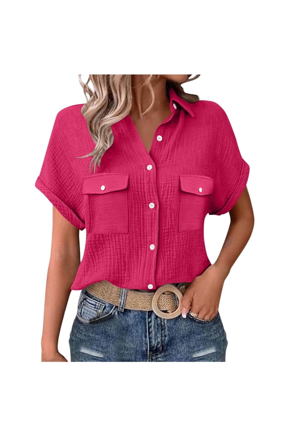 Women's Crinkled Gauze Button Down Shirt, Short Sleeve V-Neck Blouse with Chest Pockets for Casual Daily