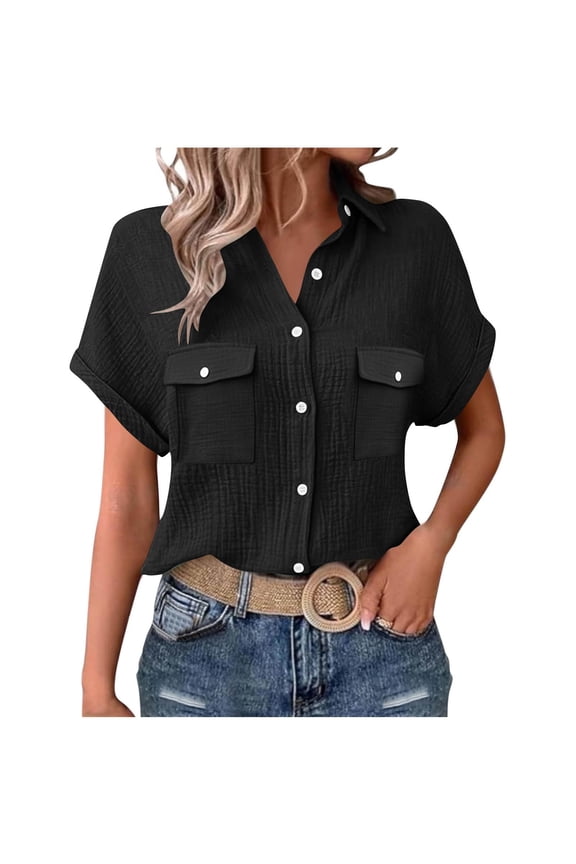 Women's Crinkled Gauze Button Down Shirt, Short Sleeve V-Neck Blouse with Chest Pockets for Casual Daily