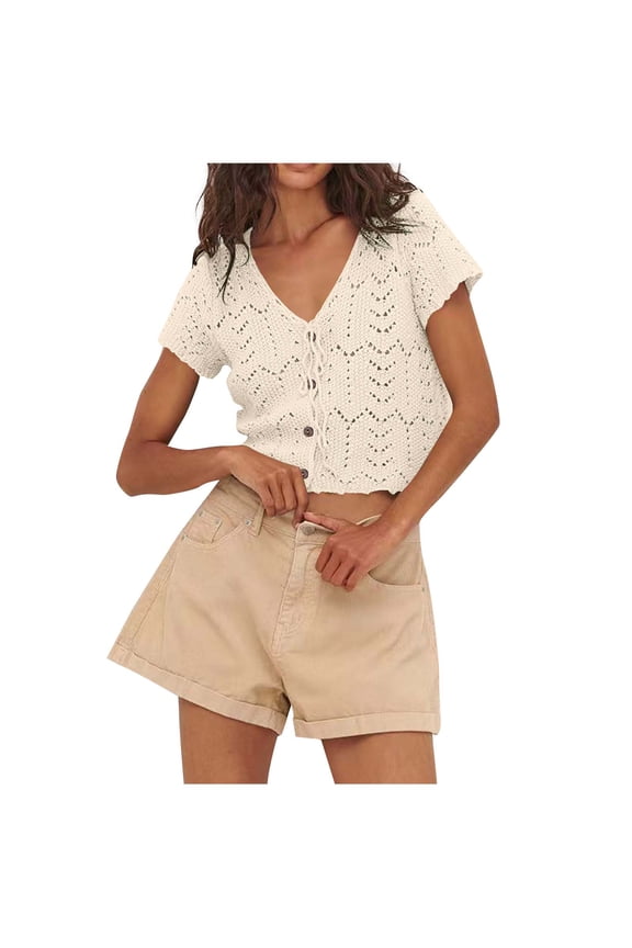 Women's Crochet Short Sleeve Sweater Eyelet Button Down Summer Knit Crop Top Fashion Tee