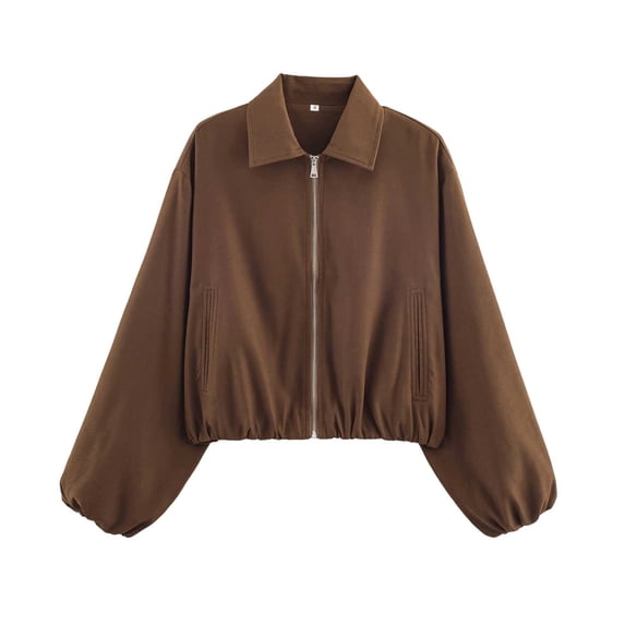 Perfectbot Women's Cropped Bomber Jacket with Relaxed Balloon Sleeves & Collar, Trendy Fall Outerwear
