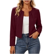 Perfectbot Womens Cropped Open Front Blazer Jacket, Round Neck Casual Short Suit Jacket Office Wear