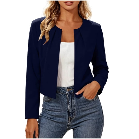 Perfectbot Women's Cropped Open Front Blazer Jacket, Round Neck Casual Short Suit Jacket Office Wear