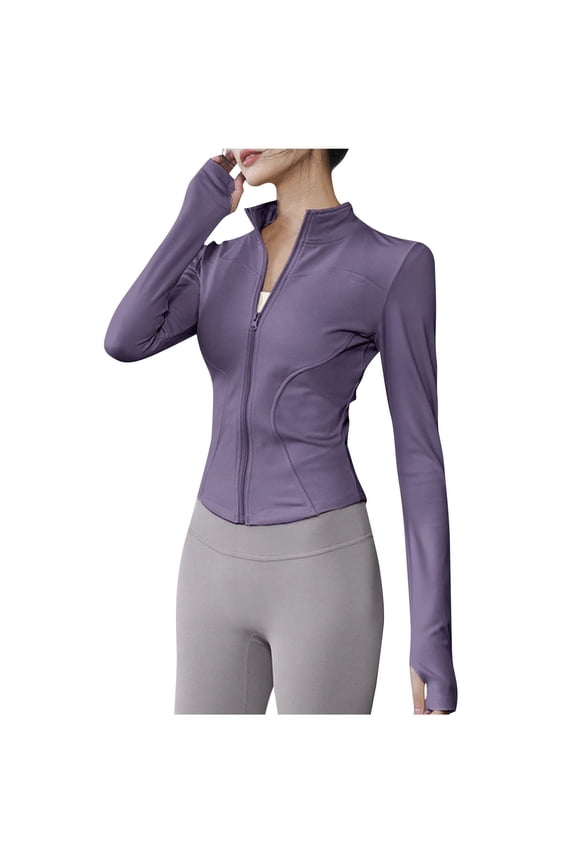 Women's Cropped Workout Jacket, Slim Fit Athletic Top with Thumb Holes for Running and Yoga
