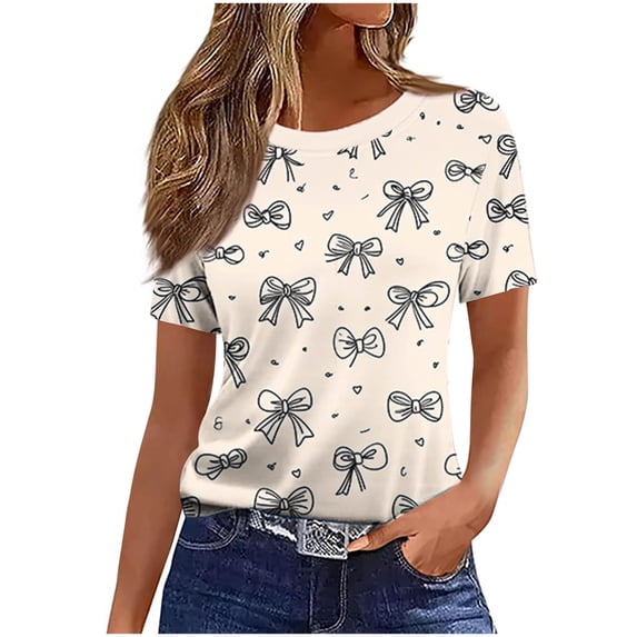 Perfectbot Women's Cute Print Crew Neck T-Shirt Short Sleeve Casual Daily Summer Top Tee