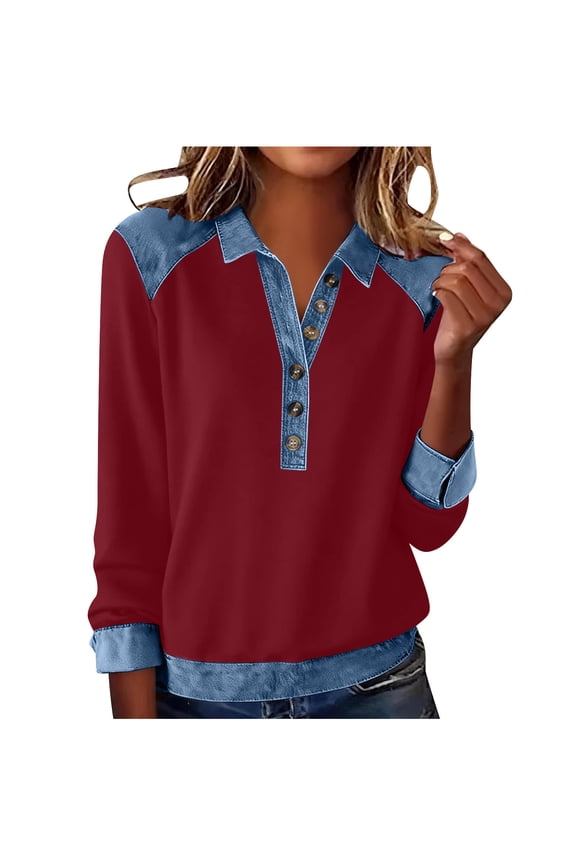 Women's Denim Collar Patchwork Blouses Long Sleeve Casual Button Henley Color Block Tops