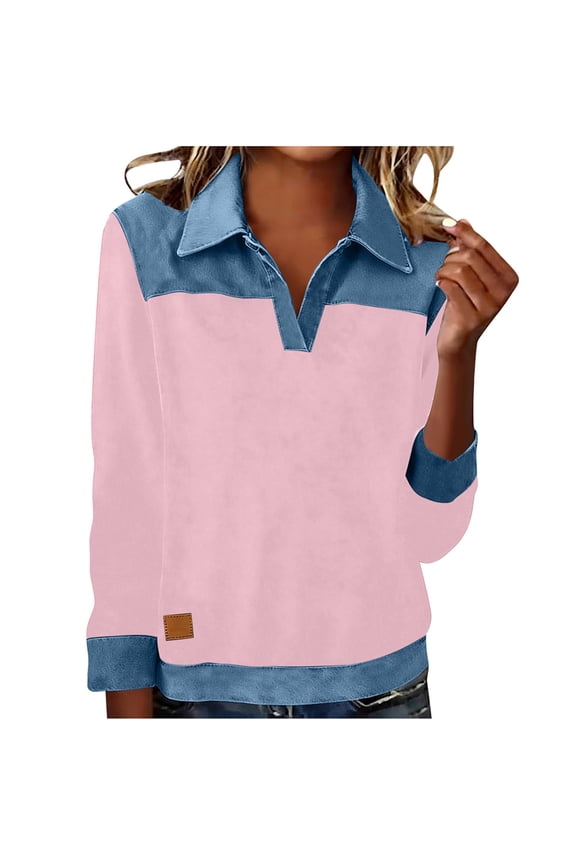 Women's Denim Collar Patchwork Blouses Long Sleeve Casual Going Out Color Block Tops