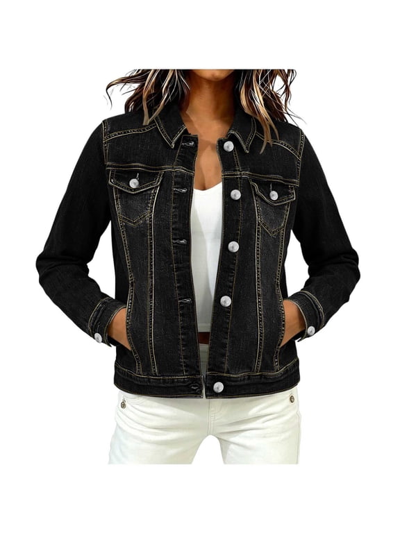 Women's Denim Jacket Button Down Cropped Jean Coat with Chest Flap Pockets Casual Street Wear
