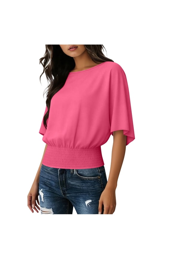 Women's Dressy Casual Blouses - Elbow Sleeve Round Neck Smocked Hem Tops for Office Summer