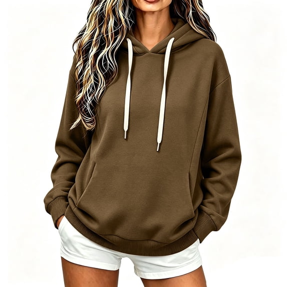 Perfectbot Women's Drop Shoulder Drawstring Hoodie, Long Sleeve Kangaroo Pocket Sweatshirt Fall Wear