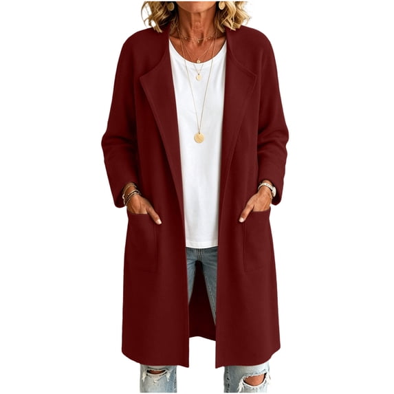 Perfectbot Women's Elegant Long Duster Coat Wool Blend Open Front Lapel Cardigan with Patch Pockets