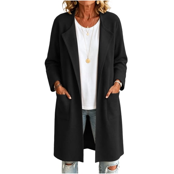 Perfectbot Women's Elegant Long Duster Coat Wool Blend Open Front Lapel Cardigan with Patch Pockets