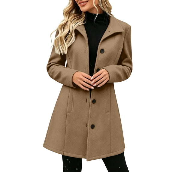 Perfectbot Women's Elegant Single Breasted Coat Convertible Collar Long Sleeve Thermal Trench Coat Winter Warmth