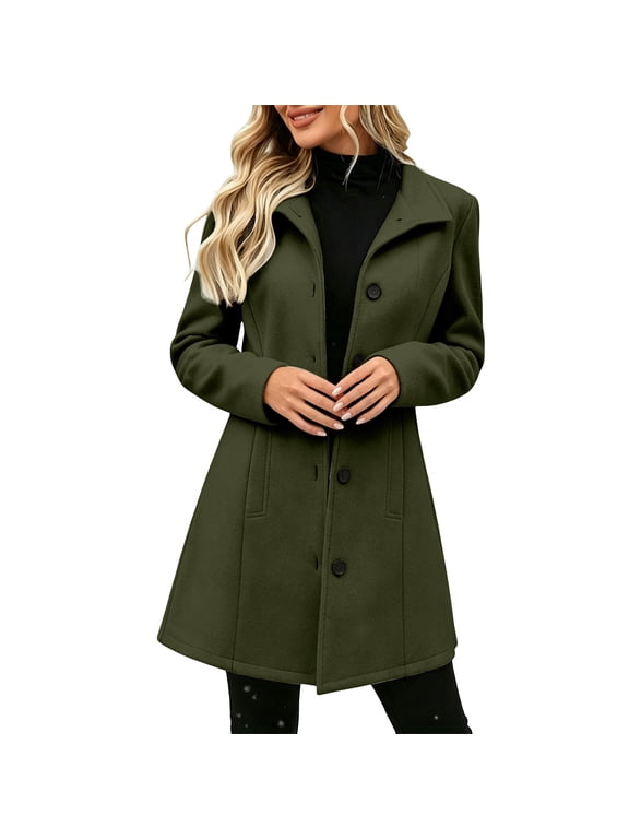 Women's Elegant Single Breasted Coat Convertible Collar Long Sleeve Thermal Trench Coat Winter Warmth