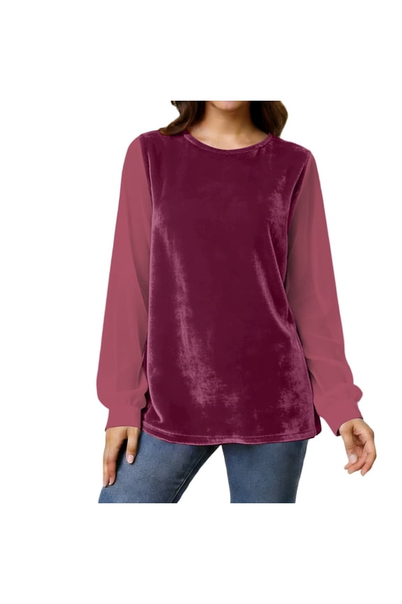 Women's Elegant Velvet Tops - Round Neck Mesh Long Sleeve Blouses for Work & Holiday