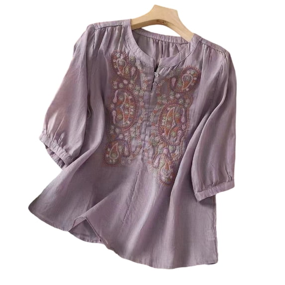 Perfectbot Women's Embroidered Linen Cotton Blouse, Mandarin Collar 3/4 Sleeve Bohemian Style Tops