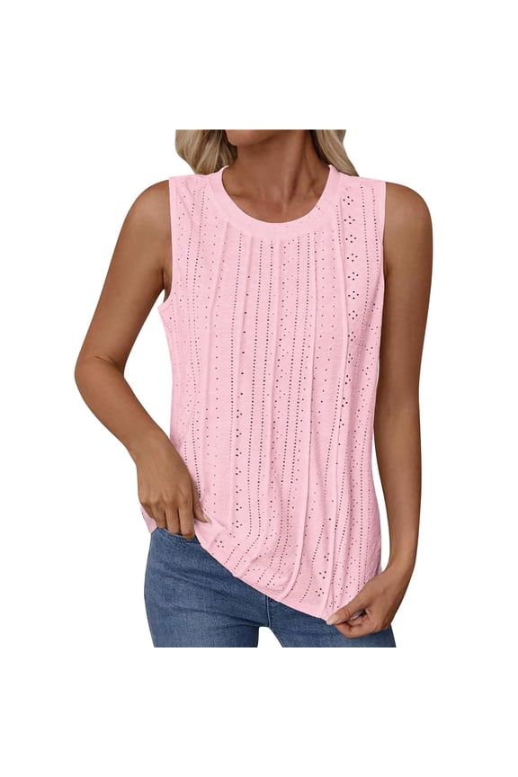 Women's Eyelet Tank Top, Summer Round Neck Pleated Cami Lightweight Breathable Solid