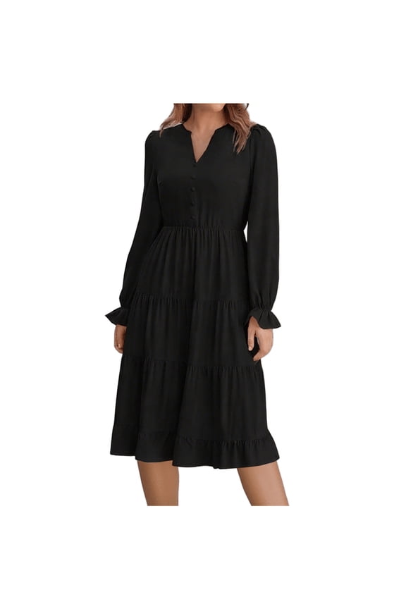 Women's Fall Spring Maxi Dress - V-Neck Long Sleeve A-Line Elegant Modest Flowy Dress