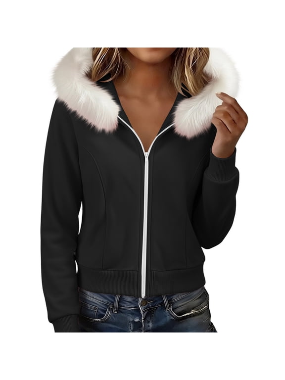 Women's Faux Fur Trim Hooded Jacket, Zip-Up Slim Fit Fall Winer Thermal Outerwear with Ribbed Hem