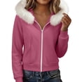 thumbnail image 1 of Perfectbot Women's Faux Fur Trim Hooded Jacket, Zip-Up Slim Fit Fall Winer Thermal Outerwear with Ribbed Hem, 1 of 8