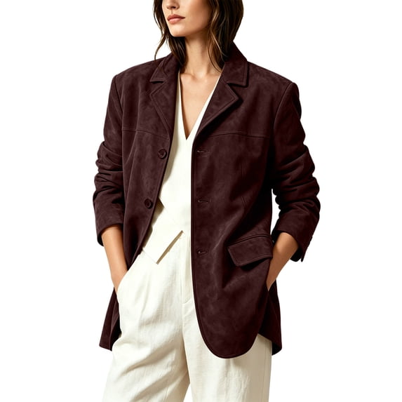 Perfectbot Women's Faux Suede Notch Lapel Blazer Jacket, 3 Button Loose Fit Mid-Length Casual Western Coat