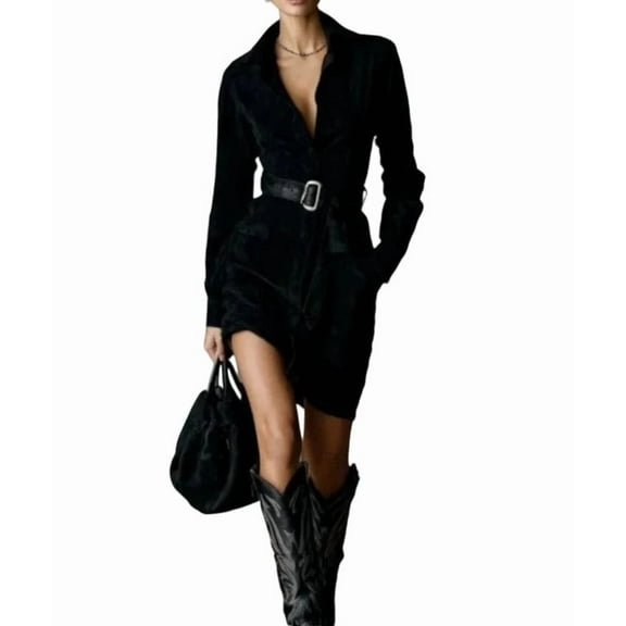 Perfectbot Women's Faux Suede Shirt Dress, Button Long Sleeve Mini Dress with Belt & Single Breasted
