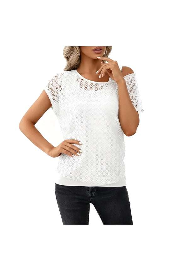 Women's Fishnet Top, 80s 90s Costume Off Shoulder Tee, Fake Two Piece Short Sleeve Shirt