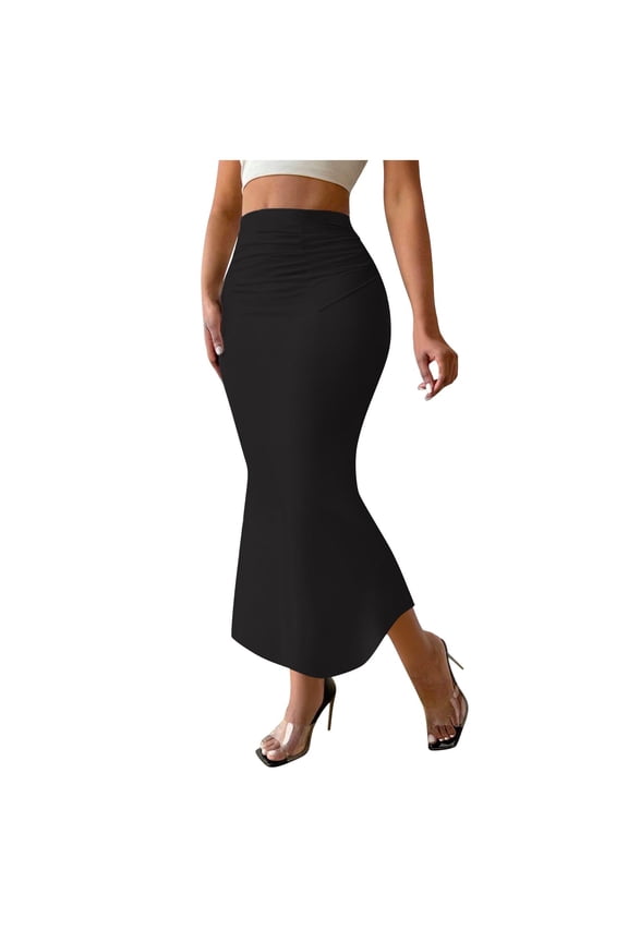 Women's Fishtail Bodycon Midi Skirt Trendy High Waisted Ruched Elegant Flowy Pencil Skirt