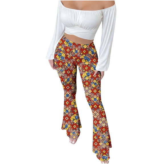 Perfectbot Women's Flare Leggings - High-Waisted Floral Print Bell Bottoms with Elastic Waist