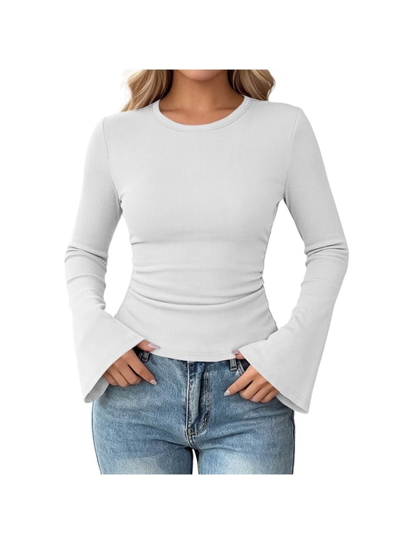 Women's Flare Long Sleeve T-Shirt Crewneck Fitted Stretchy Ruched Waist Fall Trendy Basic Tee