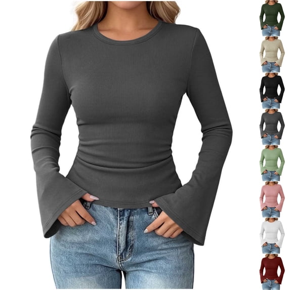 Perfectbot Women's Flare Long Sleeve T-Shirt Crewneck Fitted Stretchy Ruched Waist Fall Trendy Basic Tee
