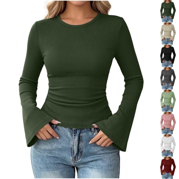 Perfectbot Women's Flare Long Sleeve T-Shirt Crewneck Fitted Stretchy Ruched Waist Fall Trendy Basic Tee