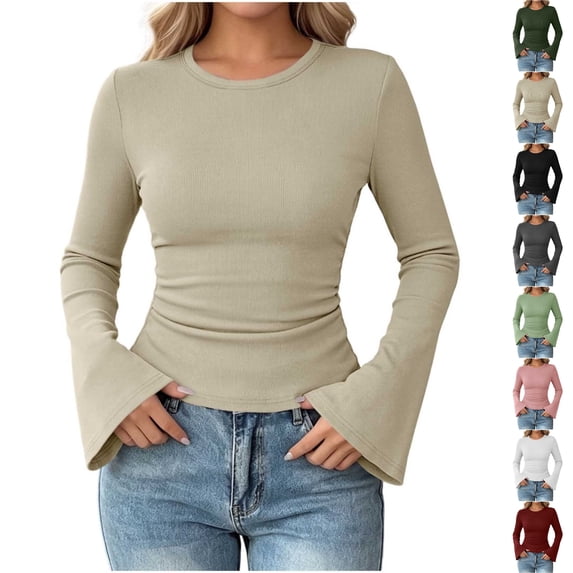Perfectbot Women's Flare Long Sleeve T-Shirt Crewneck Fitted Stretchy Ruched Waist Fall Trendy Basic Tee